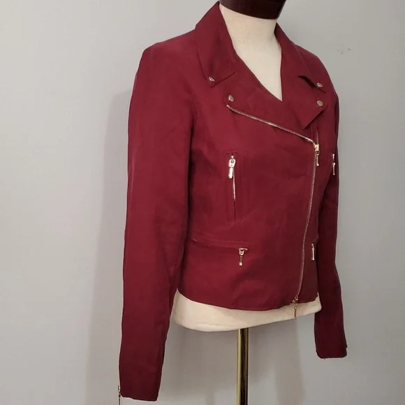 CLUB MONACO burgundy lightweight moto jacket. Size small - Picture 2 of 11